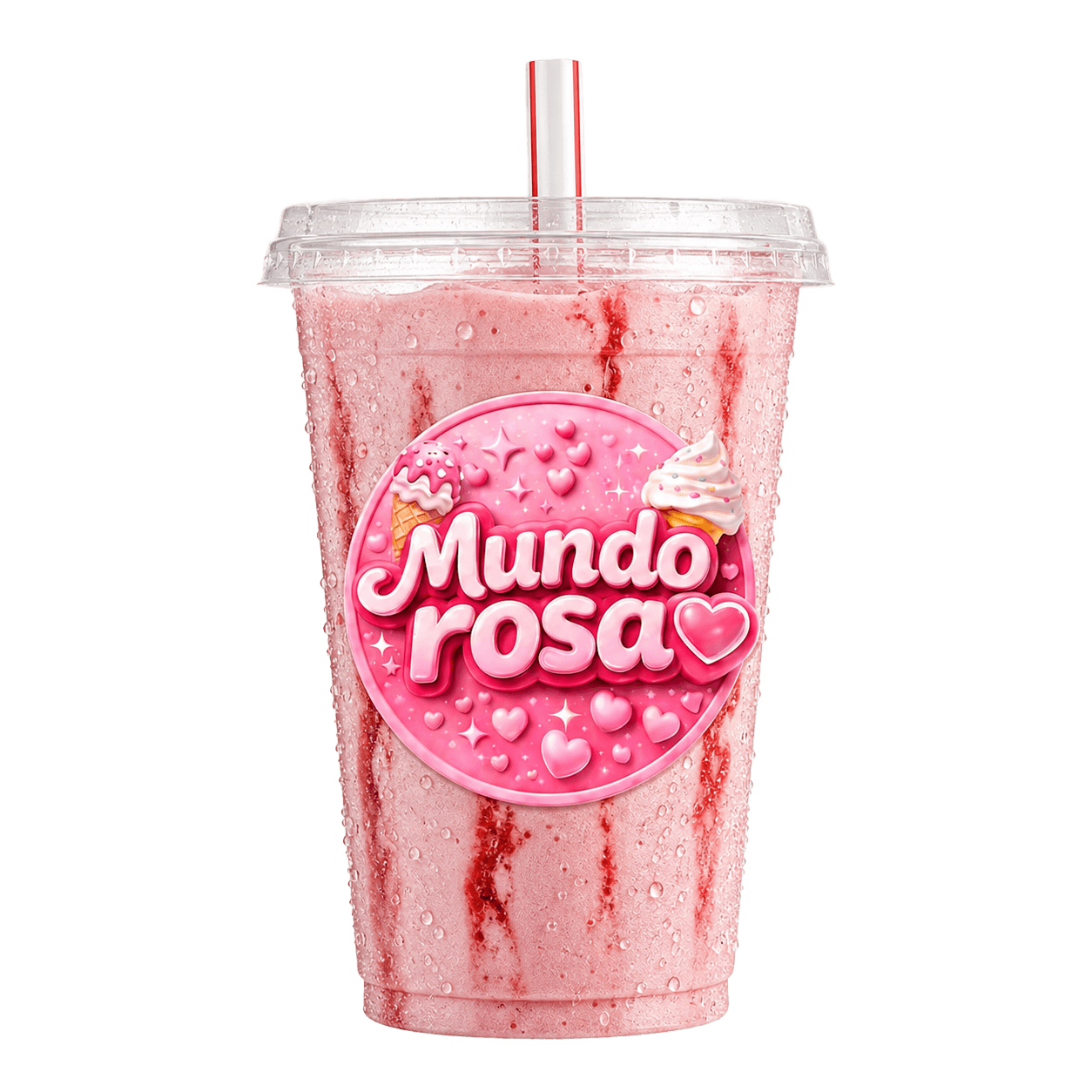 Milkshake de morango no copo Mundo Rosa