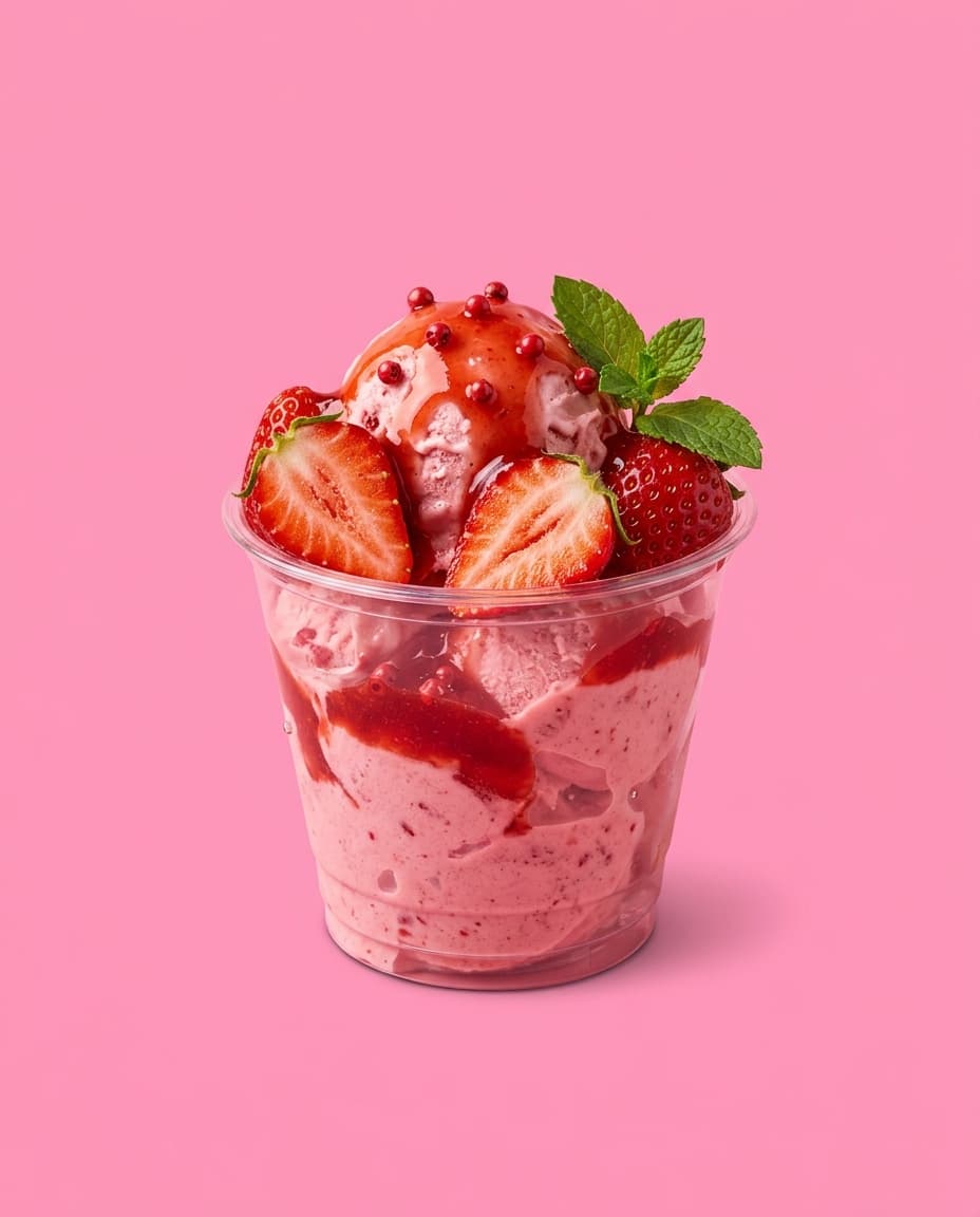 Sorvete de morango com pimenta-rosa, calda quente, morango fresco e hortelã